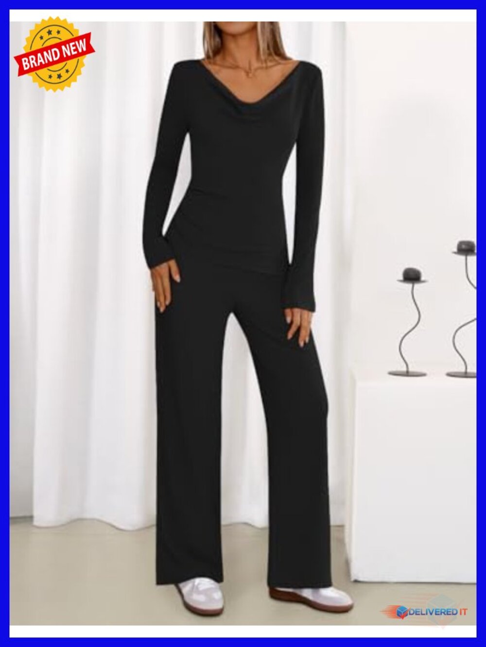 Women's Lounge Set 2 Piece Matching Outfit Long Sleeve V Neck Top Wide Leg Pants - Picture 2 of 6